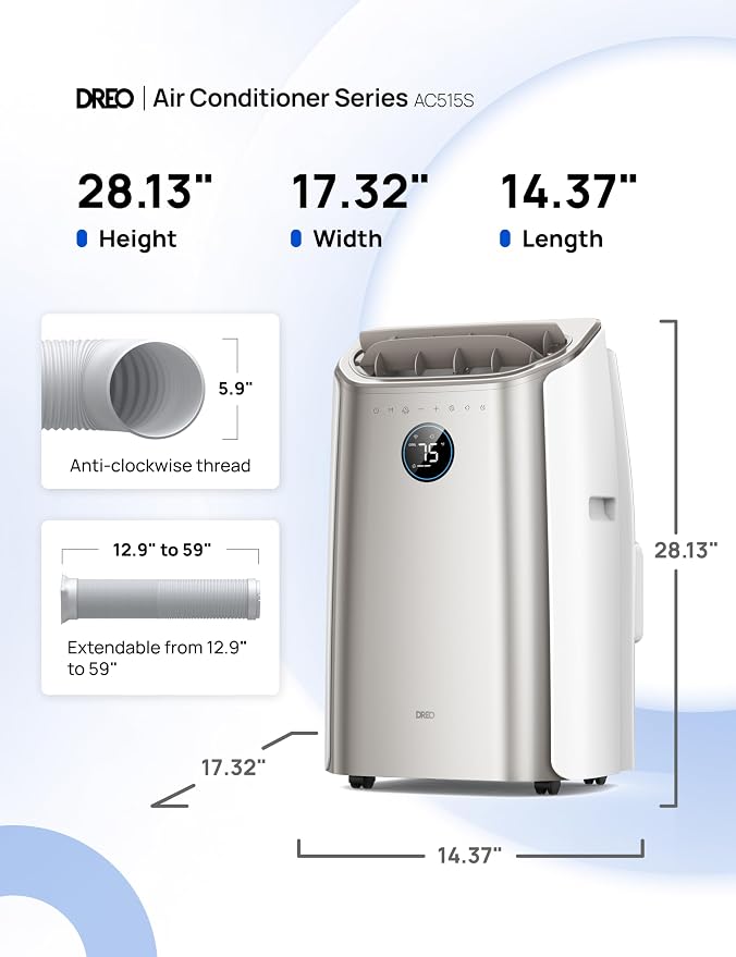 Dreo Portable Air Conditioners, 12,000 BTU AC Unit for Bedroom with Drainage-free Cooling, 46dB Quiet, APP/Voice/Remote, 24h Timer with Fan & Dehumidifier, Smart Standing AC for Room Indoors, AC515S