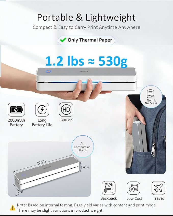 Inkless Portable Printer for Travel, Wireless Thermal Printer Supports 8.5 x