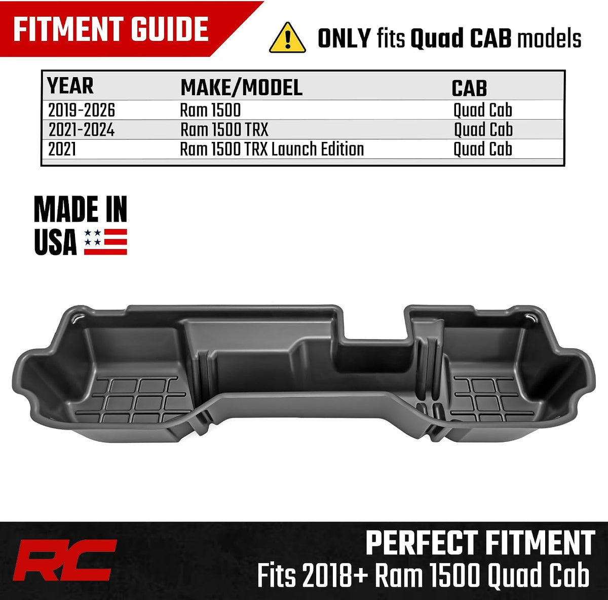 Rough Country Under Seat Storage for Ram 1500 Quad Cab (2019-2026) - Custom Rear Under Seat Organizer Tray without Lid