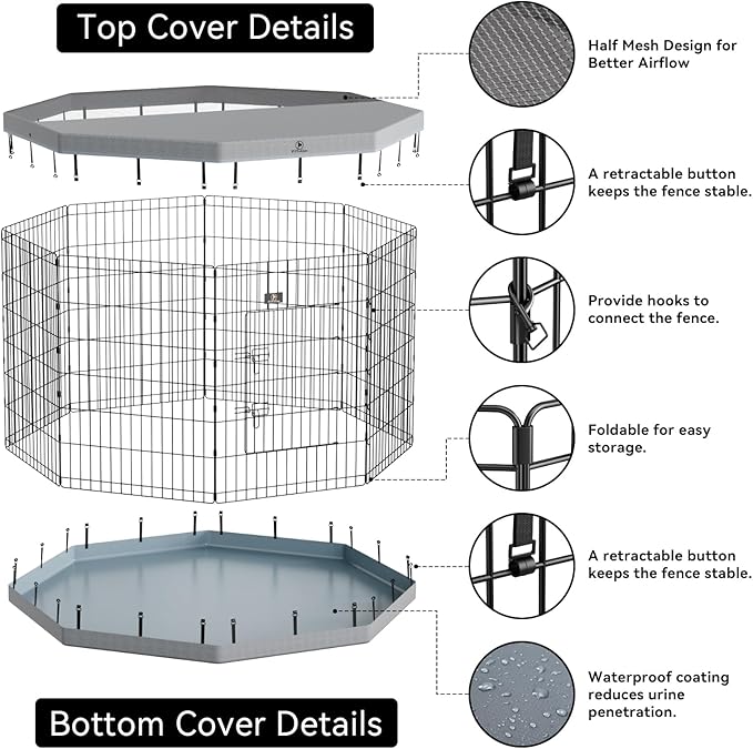 PJYuCien Dog Playpen with Top Cover and Bottom Pad - Metal Foldable Exercise Pen, 8 Panels 24" H x 24" W Indoor Outdoor Pet Fence Puppy Crate Kennel, Gray