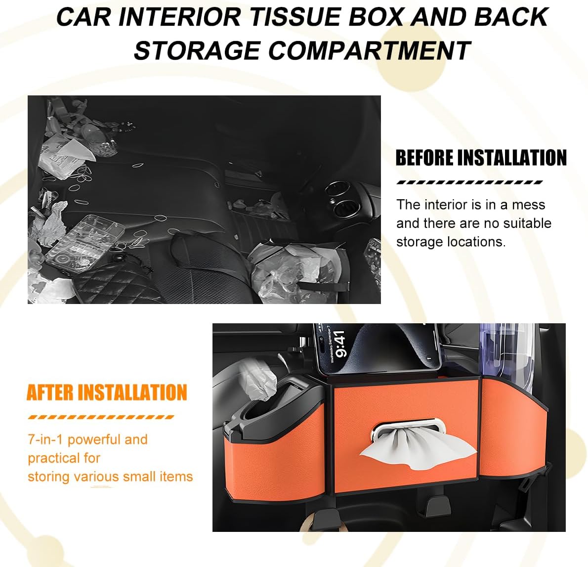 HZEL Car Seat Back Organizer, 7 in 1 Vehicle Backseat Storage Box with Cup Holder Tissue Box Trash Bin & Hooks, Multifunctional Auto Interior Headrest Organizer, Universal for SUV RV Truck (Orange)