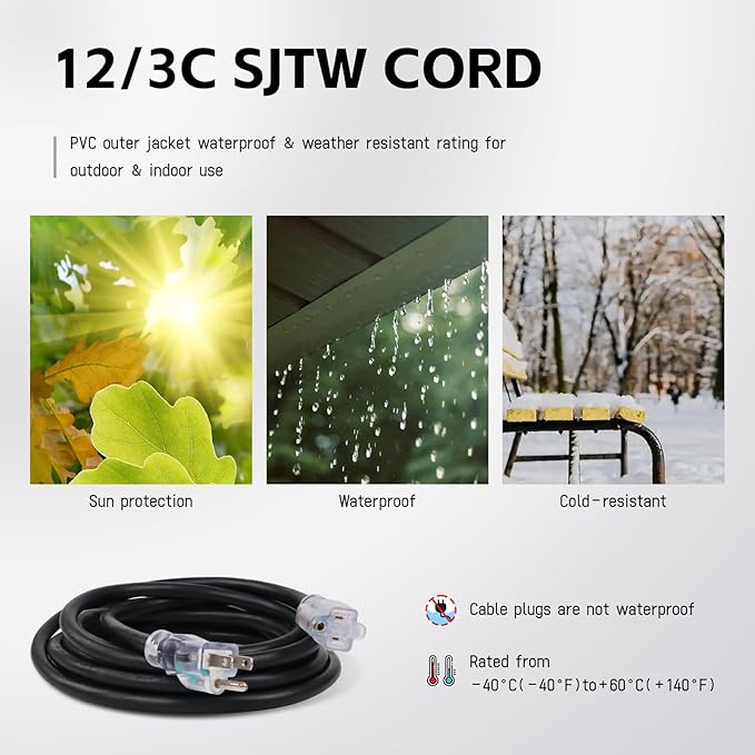 EP 15 Ft Outdoor Extension Cord, 12/3 SJTW Heavy Duty Waterproof Power Cable, 3 Prong Grounded Plug, Lighted End, for Lawn, Garden, Appliances, Black