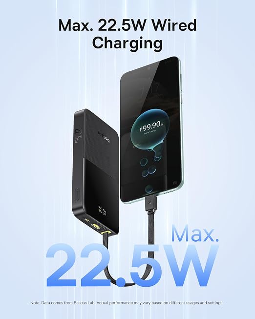 Baseus Portable Charger, 10000mAh Fast Charging Power Bank, 22.5W PD3.0 QC3.0 Battery Pack Built-in USB C Braided Cable, Travel Essentials for iPhone 17 16 15, iPad, S25/S24, Indoor/Outdoor