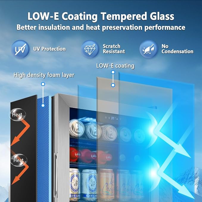 Beverage Refrigerator Cooler, 130 Cans 3.22 Cu.Ft Small Refrigerator with Low-E Glass Door, Lock, 17-Inch Beer Fridge for Drinks, Beer and Wine, Mini Fridge for Bedroom, Office and Bar, Silver