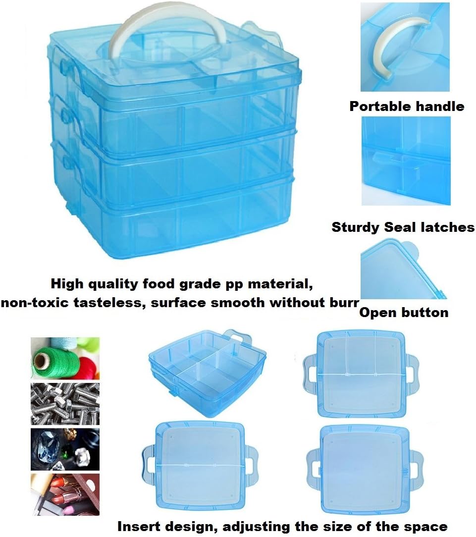 Kamay's 3-Tier Transparent Stackable Adjustable Compartment Slot Plastic Craft Storage Box Organizer for Toy Desktop Jewelry Accessory or Kitchen (3-Tier 18 Sections M Blue)