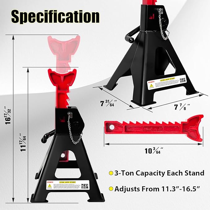 YATOINTO Jack Stands 3 Ton (6,600 LBs) with Double Pin Locking, Car Jack Stand 11.22"-16.54" Adjustable with Rubber Pads, Jack Stands for Trucks,Home,Garage, SUV, Pickup,Car,UTV/ATV,1 Pair