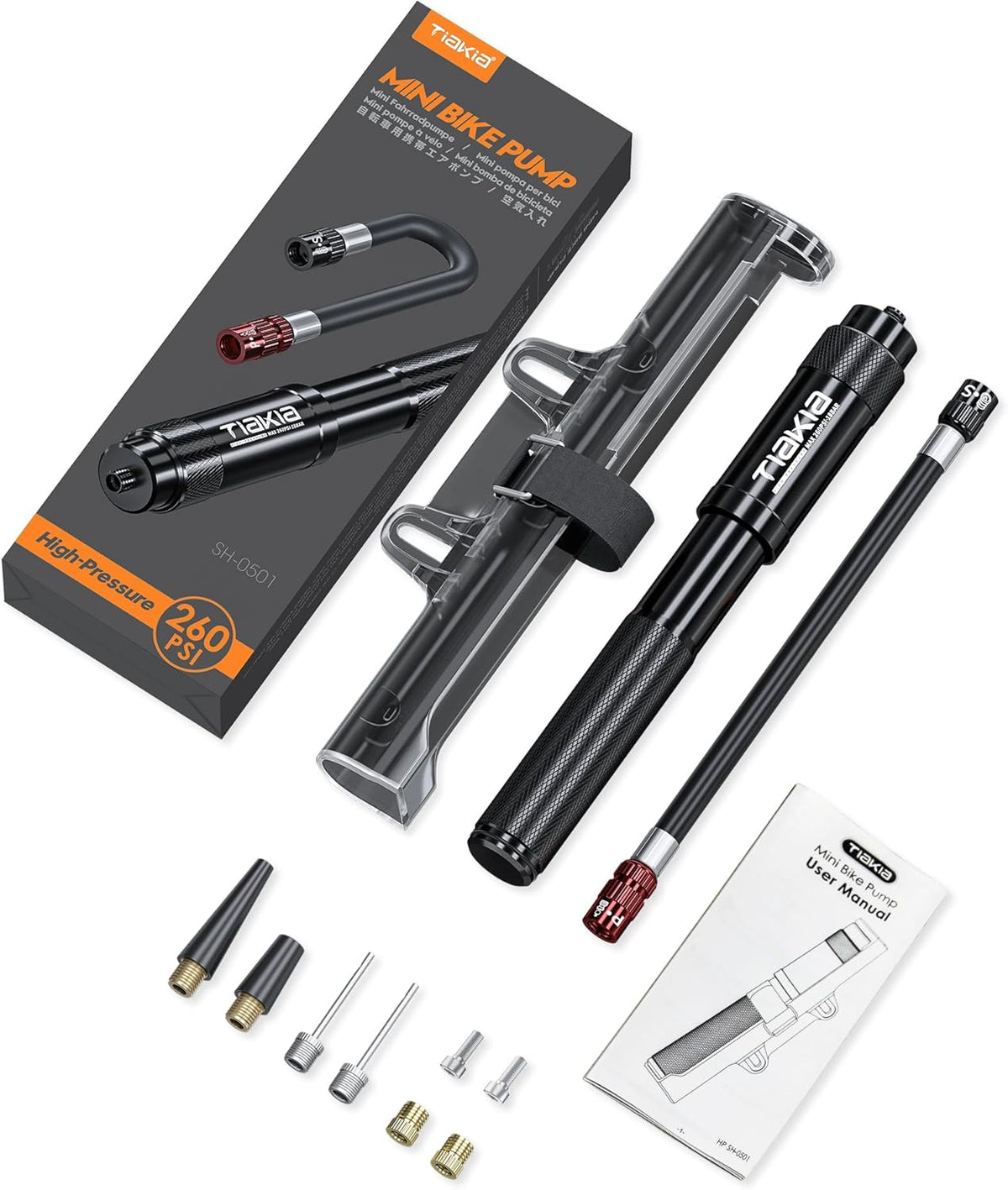 Tiakia Mini Bike Pump - Portable 260PSI High-Pressure Air Hand Pump for Presta & Schrader Valves | Aluminum Alloy Tire Pump for Road & Mountain Bikes