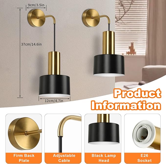 VerRon Set of 2 Battery Operated Wall Sconces, Wireless Wall Lights with Remote, Black & Gold Dimmable Wall Lamps with 3000K/4000K/6000K LED Bulbs, Modern Sconces for Bedroom Living Room Hallway