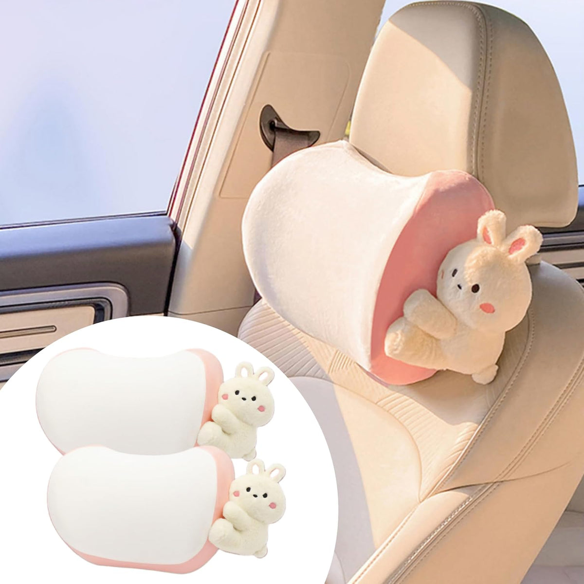 Car Headrest Pillow 2PCS Plush Bear ＆ Bunny Car Seat Headrest Pillow - Memory Foam Neck Support Cushions for Comfortable Driving, Easy Install & Washable (Brown)