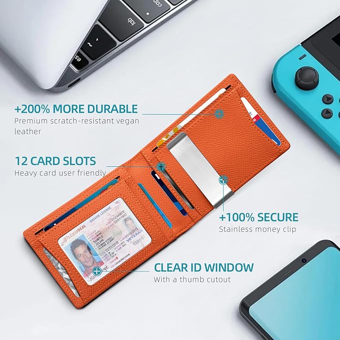 Zitahli Money Clip Wallets for Men,Slim Bifold Wallet 10-12 Cards, Mens Leather Wallet with ID Window,RFID Blocking Thin Minimalist Credit Card Holder,Gifts for Him