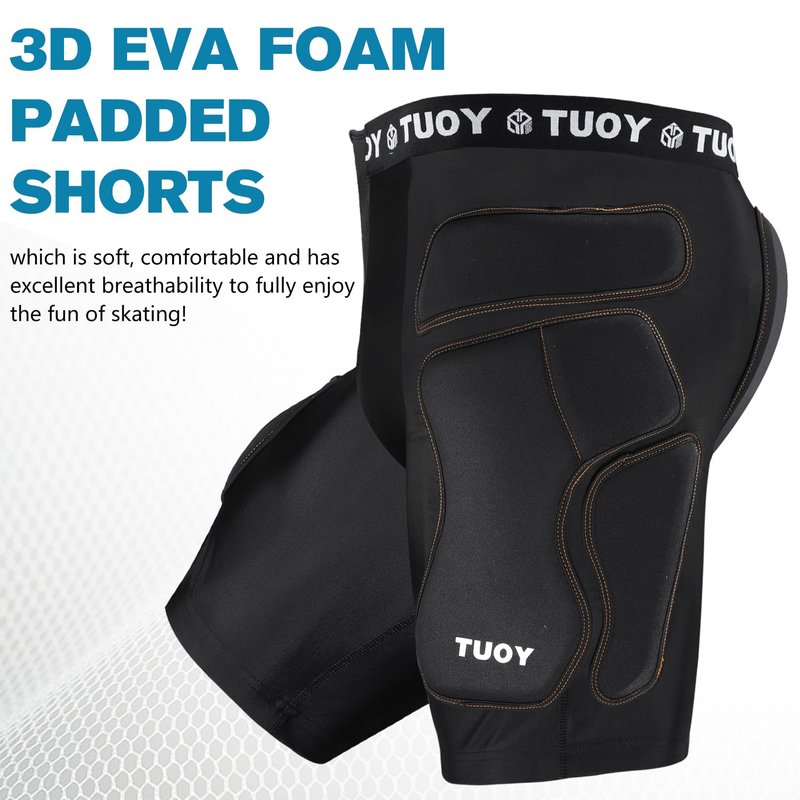 TUOY Protective Padded Shorts for Snowboard,Skate and Ski,3D Protection for Hip,Butt and Tailbone Black