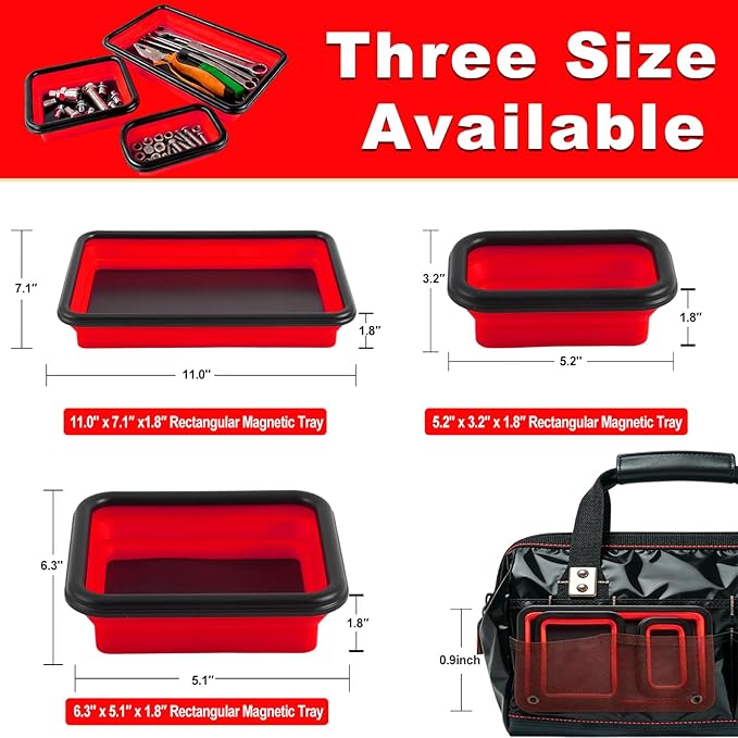 Collapsible Magnetic Parts Tray Set with Extra Strong Magnet Up to 18LB, 3 Different Size Silicone Foldable Tool for Organizing Screw Bolts Nuts Washers Pins and Other Small Metal Parts - Red