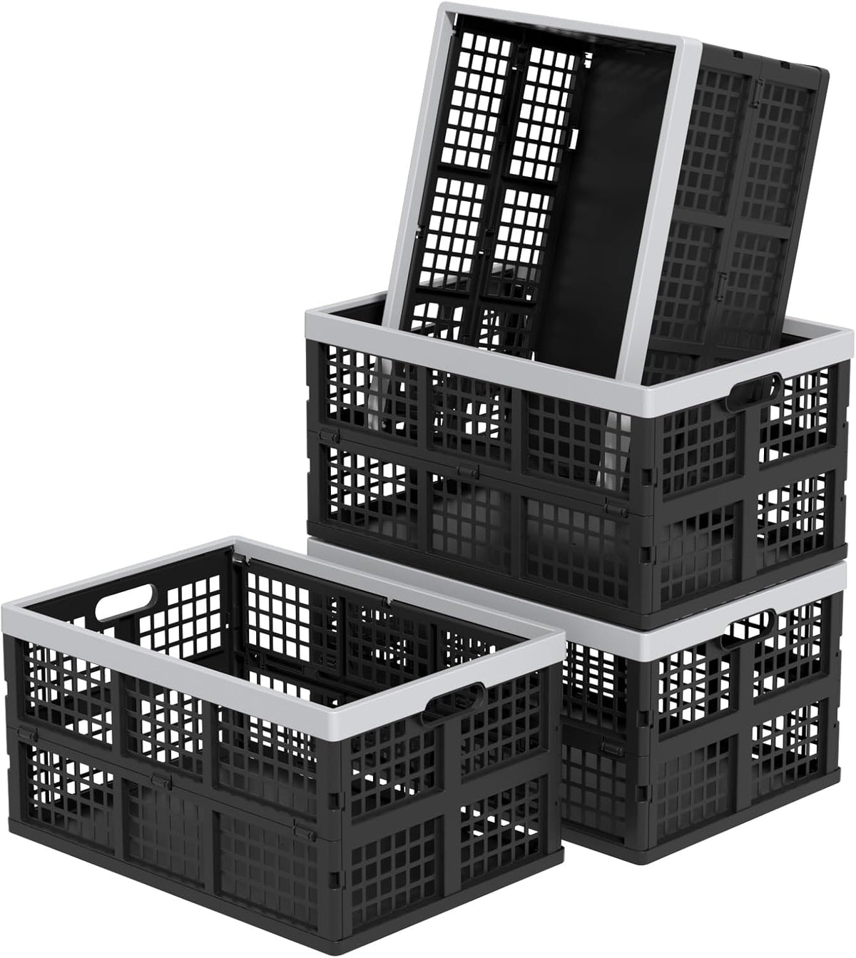 42L Collapsible Milk Crates, 4 Packs Foldable Storage Bins | Heavy-Duty Plastic Stackable Basket Crate, Black Folding Crate for Garage, Car, Pantry Storage