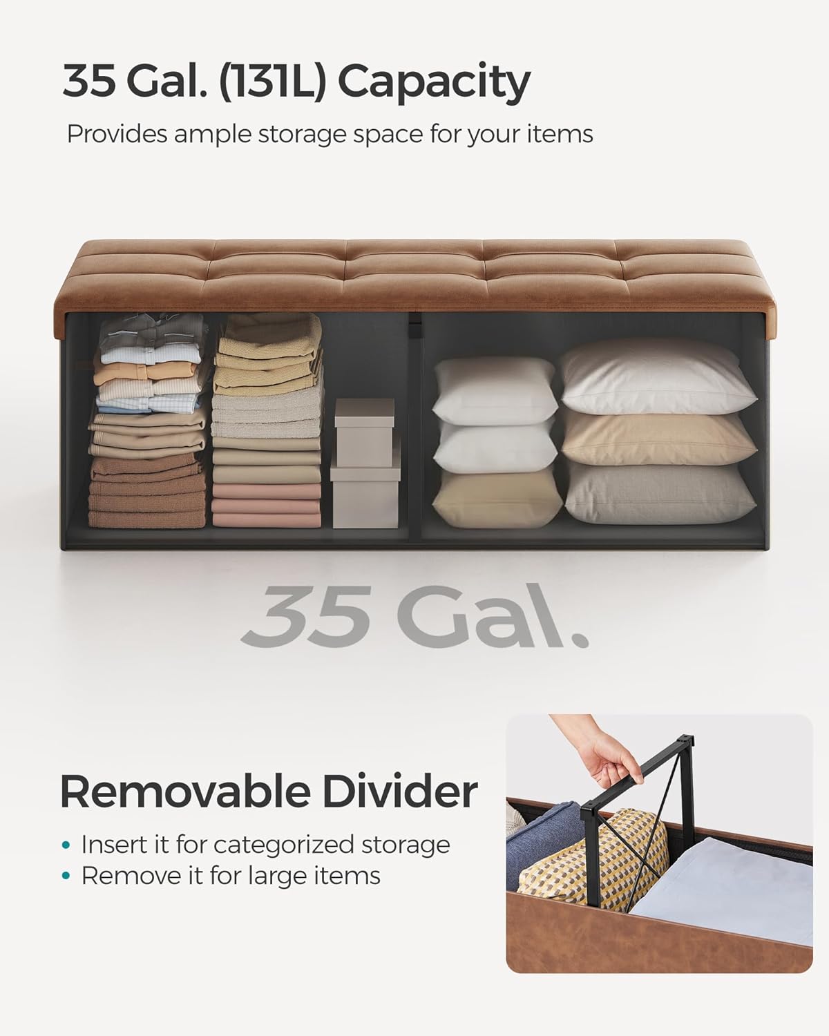 SONGMICS 43.3 Inches Folding Storage Ottoman Bench with Flipping Lid