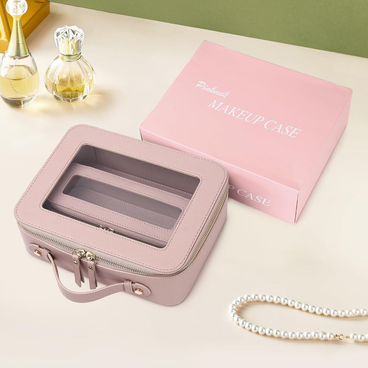 Pinkmik Clear Makeup Bag with Brush Bag, (Pink, L+SLIM)