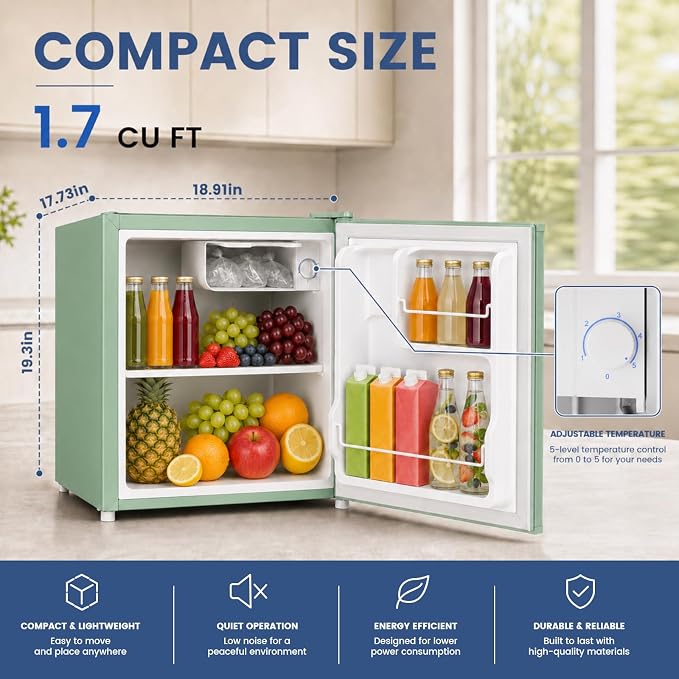 1.7 Cu.Ft Mini Fridge with Freezer for Dorm Office,Green | Compact Refrigerator Office, Energy Saving Small Fridge Reversible Single Door, Low Noise for Bedroom Small Apartment