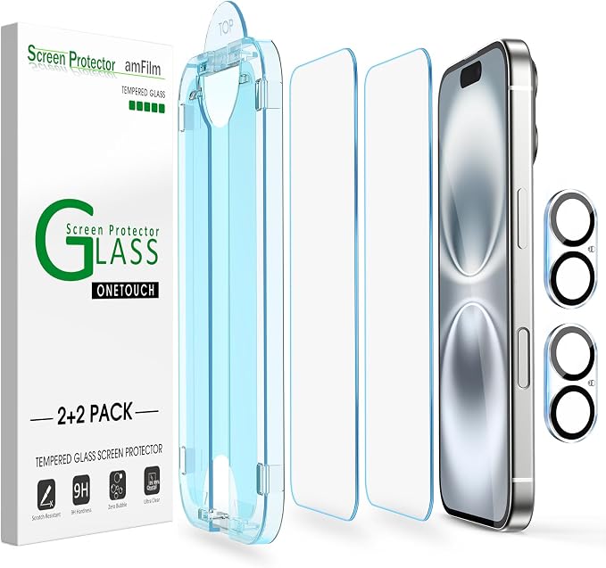 amFilm Auto-Alignment OneTouch for iPhone 16 Screen Protector + Camera Lens
