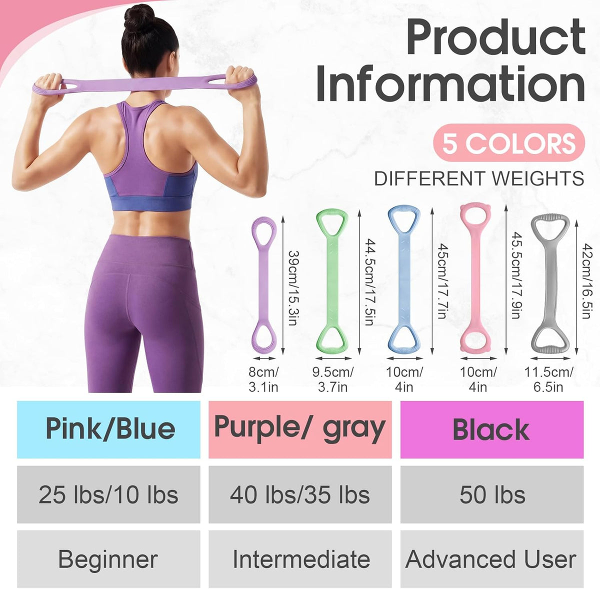 Soulchen Figure 8 Fitness Resistance Bands - 5 Pack (10-50 Lbs) for Yoga, Pilates, and Strength Training