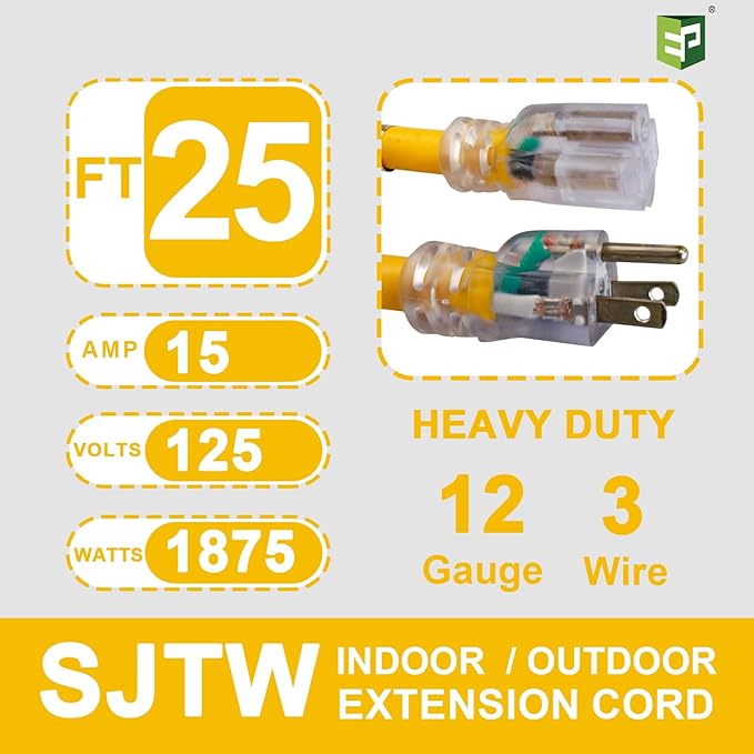 EP 2 Pack 25 Ft Lighted Outdoor Extension Cord - 12/3 SJTW Heavy Duty Yellow Extension Cable with 3 Prong Grounded Plug - Power Cord for Lawn, Garden, Appliances