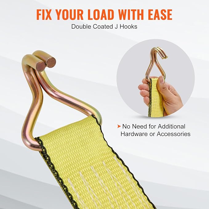 VEVOR 2" x 15' Ratchet Straps Heavy Duty (4PK), 5000 lb Break Strength, Double J Hook Includes 4 Premium Rachet Tie Downs with Padded Handles, for Moving Securing Cargo, Appliances, Lawn Equipment