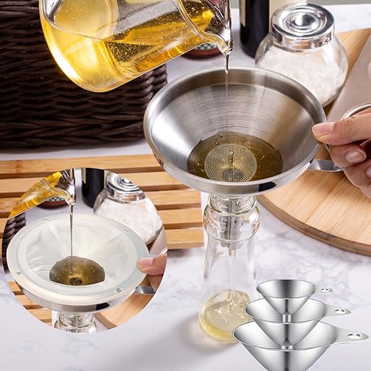 Toncoo 6 Pack Stainless Steel Funnels for Kitchen Use, Food Grade Cooking Funnel with 3 Strainer, Kitchen Funnel Set Metal Funnels for Filling Bottles