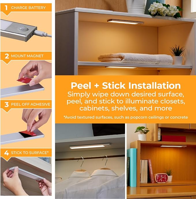 Rechargeable Under Cabinet Lighting, Motion Sensor On/Off, Warm White LED, Stick-On Install for Kitchen & Closets - 1 Bar