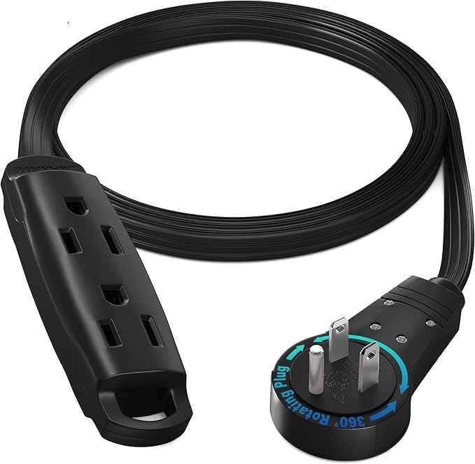 Maximm 360 Degree Rotating Flat Extension Cord 3 Ft Multi 3 Outlet Power Cord Grounded 16 AWG UL Certified, Black