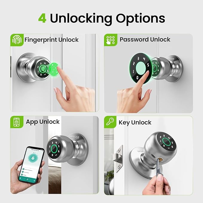 GHome Smart Fingerprint Door Lock, 4 in 1 Smart Fingerprint Door Knob with Keypad, App Control, Auto Lock, Biometric Door Knob with Lock for Bedroom, Apartment, Garage, Home & Office
