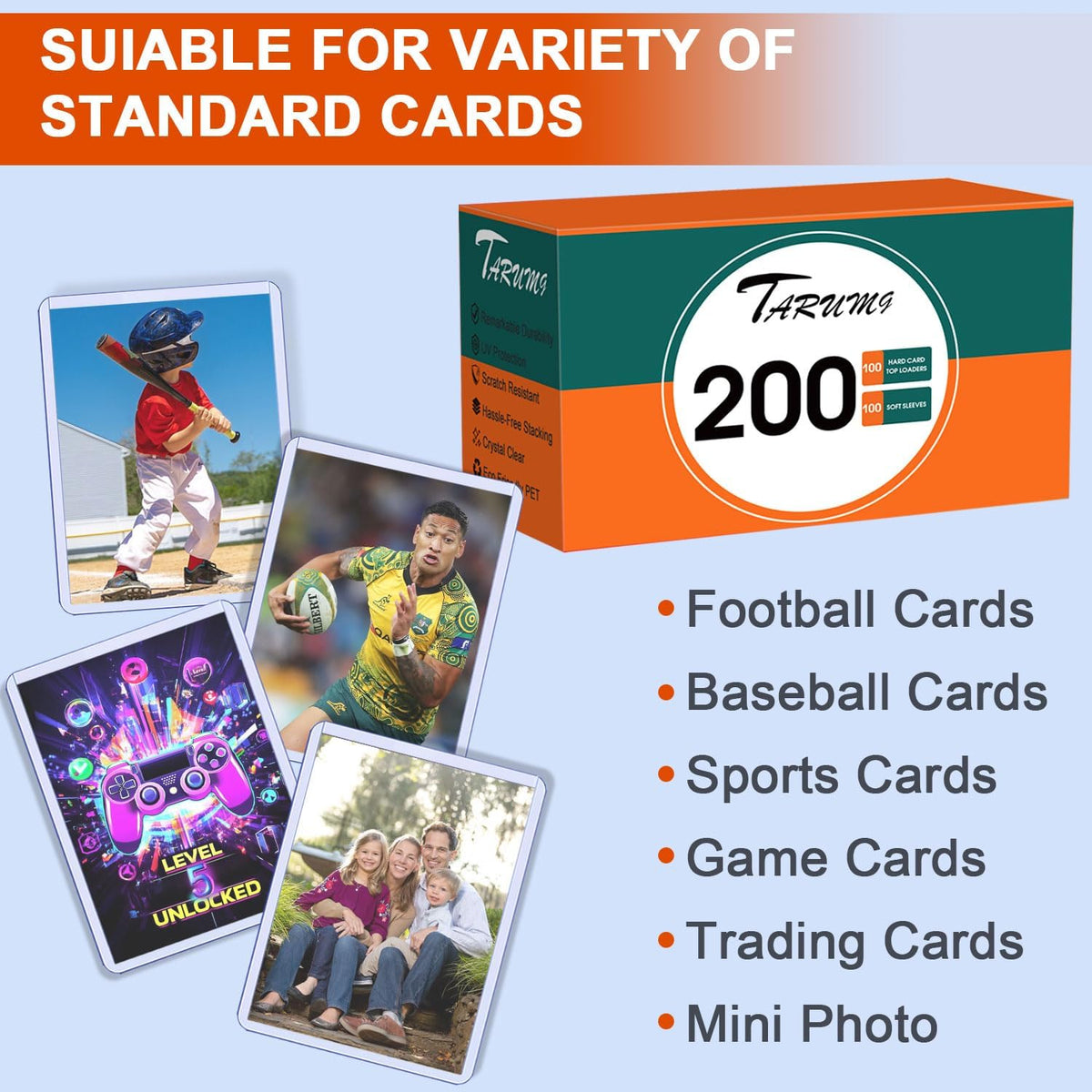 TARUMG Premium Baseball Card Sleeves - 200 Top Load Protectors for Trading Cards | 3" x 4" Standard Size