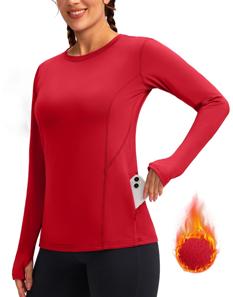 Women's Thermal Fleece Tops Long Sleeve Workout Shirts Running Athletic Base Layer with Thumb Holes Zipper Pocket(Red,S)
