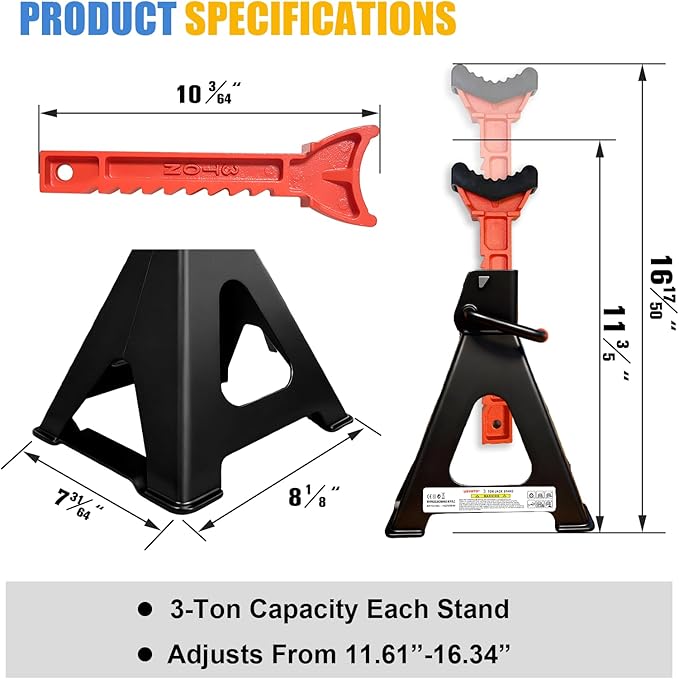 Upgraded 3 Ton Jack Stands (6,600 LBs) with 2 Crossbars & Double Locking - Heavy Duty Car Jack Stand for Trucks, SUV, Car, UTV/ATV Garage Lifting Tool, 11.61" to 16.34" Height, 1 Pair