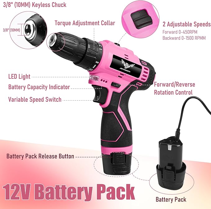 JENABOM Pink Tool Set - 12V Cordless Drill Kit, 151 Piece Home Tool Set With Power Drill, Tool Kits for Men & Women, Perfect for Homeowner, Diyer, Handyman