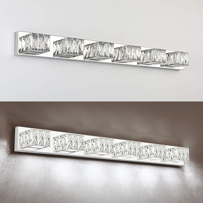 ZUZITO Modern Bathroom Light Fixtures - LED Crystal Vanity Lights Over Mirror - Chrome 6 Lights Bathroom Wall Light Cool White Light 6000K
