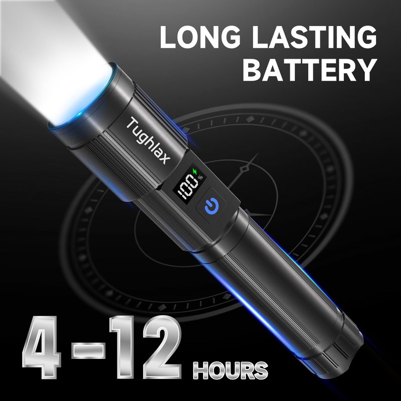 Tughlax 4Pack Rechargeable Flashlights High Lumens 10000LM, Super Bright Flashlight with LCD Digital Display, 5 Modes Adjustable Flash Light, LED Flashlight Powerful, Tactical Flashlights for Home