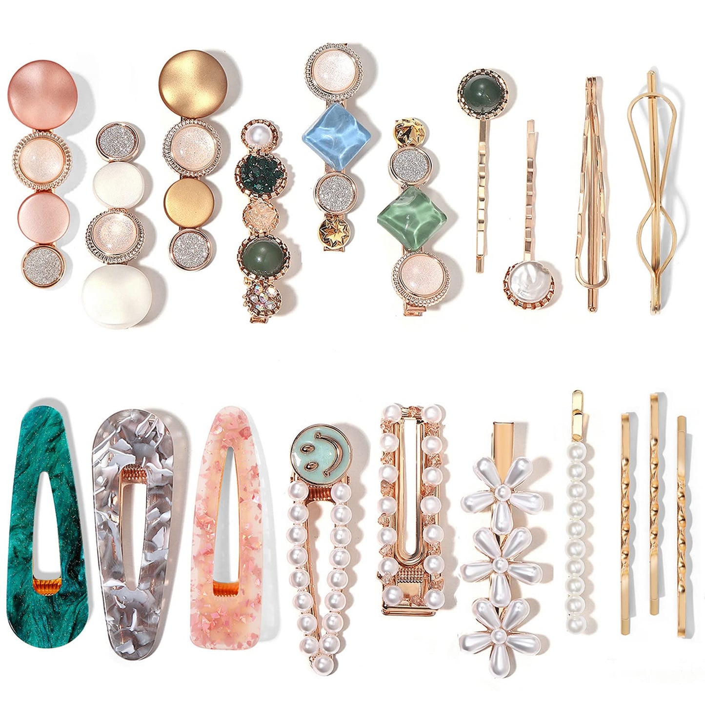 Mehayi 20 Pcs Pearls And Acrylic Resin Hair Clips, Handmade Hair Barrettes, Marble Alligator Bobby Pins, Glitter Crystal Geometr
