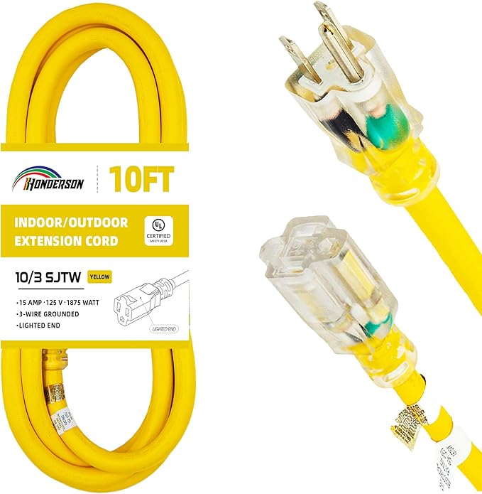 Indoor Outdoor Extension Cord Weatherproof with Lighted End, UL Certified, 10 Gauge 10FT Yellow 3 Prong Heavy Duty, 10/3 SJTW 15A Power Cord for Outdoor Lights, Lawn