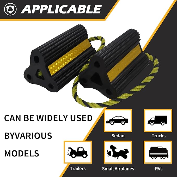 Wheel Chocks [1pair/2pack with Rope] for RV Trailer Camper Truck Car and Aircraft, Versatile Heavy Duty Rubber Wheel Chocks Block with 3 Reflective Strips, Tire Wheel Immobilizers & Chocks