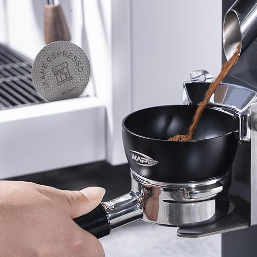 IKAPE Dosing Funnel Set Black, 53mm Espresso Dosing Ring & Puck Screen Kit Compatible with 53 mm Bottomless Portafilter