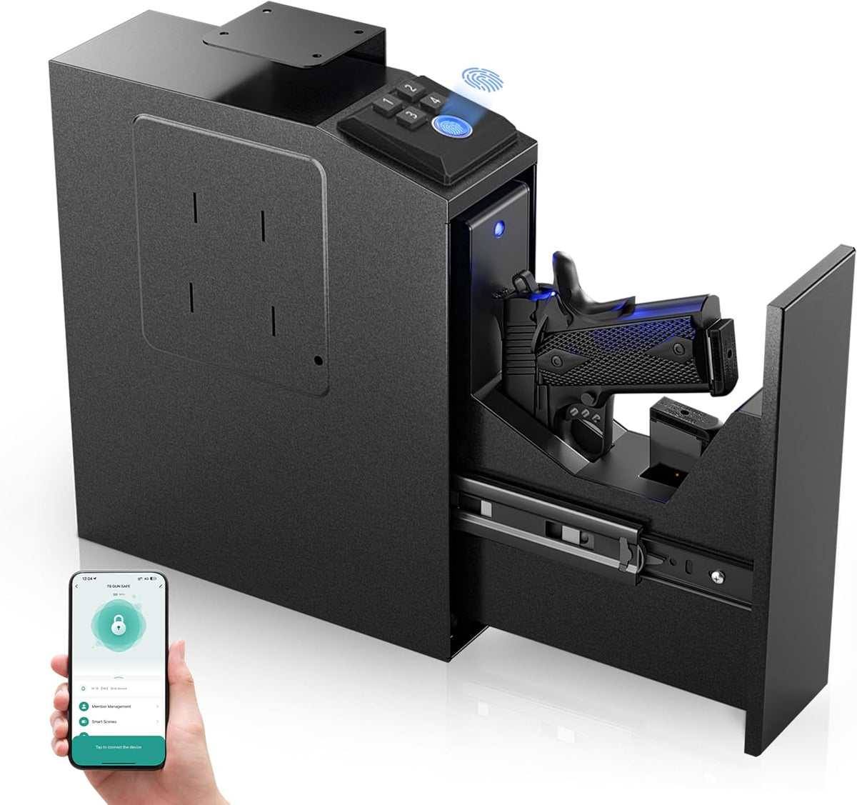 ORARAER Biometric Gun Safe - 4 Ways to Unlock with Fingerprint, Key & PIN Code | Compact Nightstand Pistol Lock Box