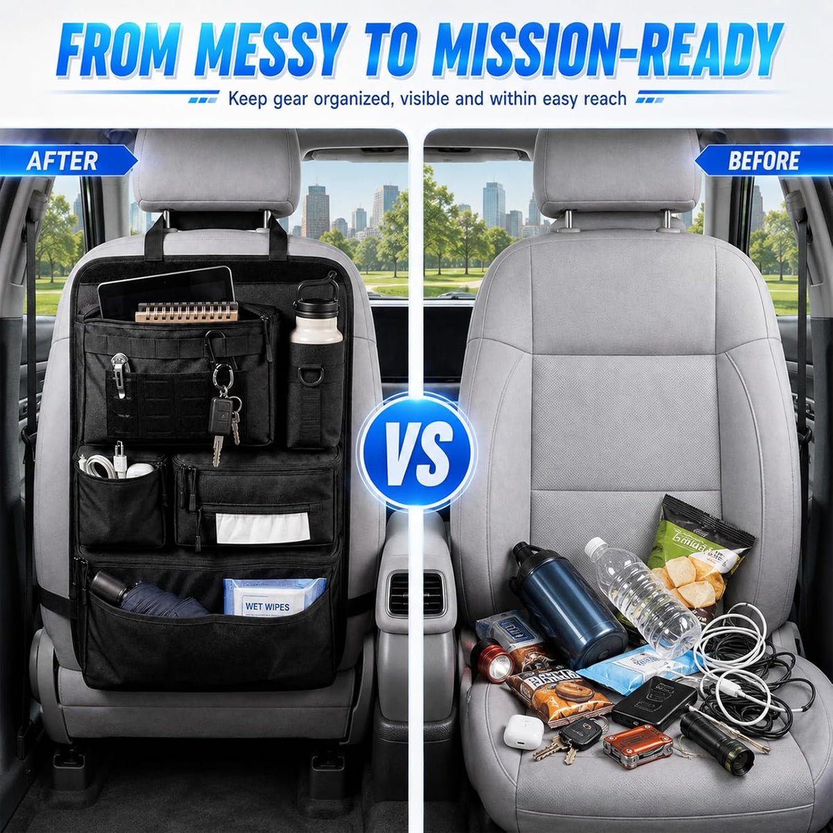 Tactical MOLLE Car Seat Back Organizer, Universal Vehicle Backseat Storage Organizer with Detachable Pouches, Multi Pockets Car Travel Essentials Accessories, Fit Car Truck SUV Jeep