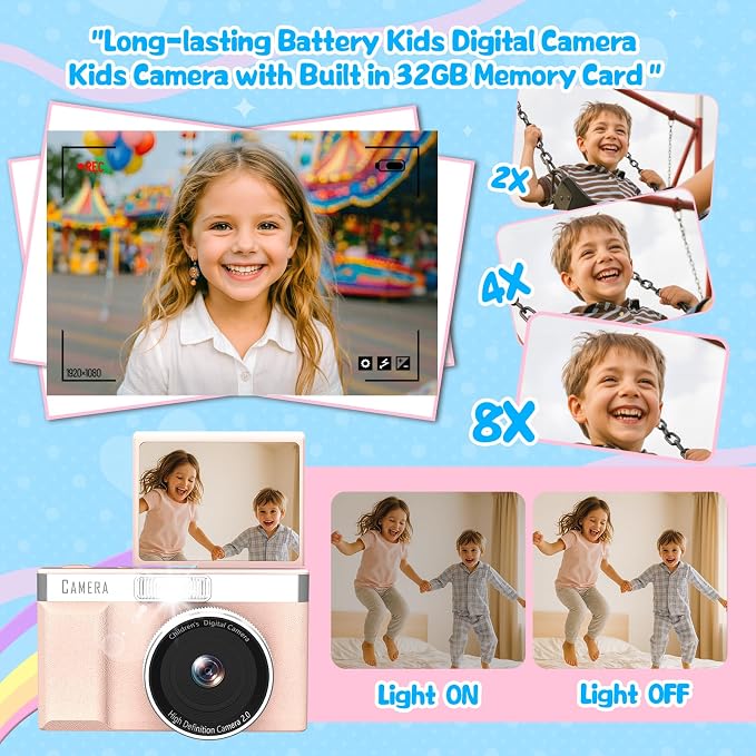 Kids Digital Camera with 180° Flip Screen, 32GB Memory Card Digital Cameras