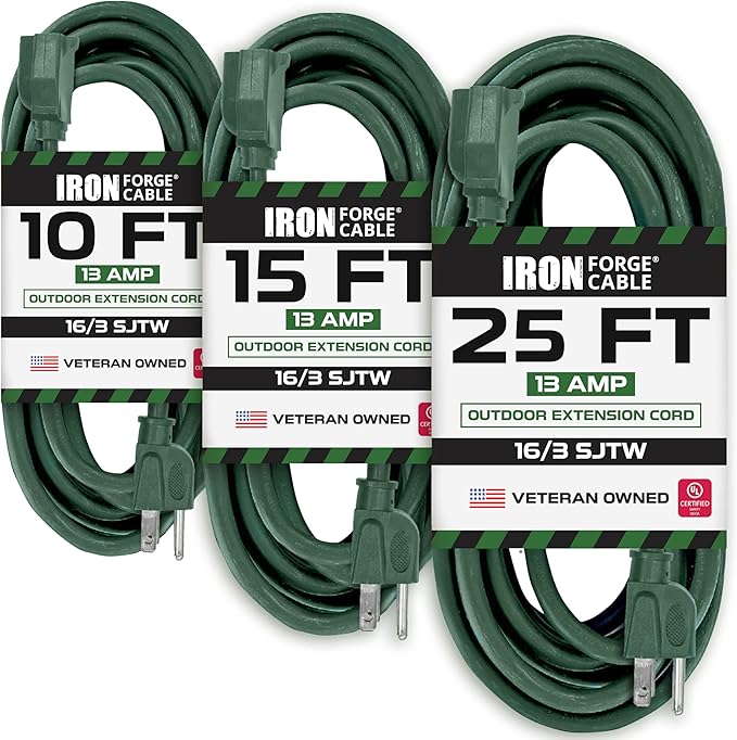 Iron Forge Cable Weatherproof Outdoor Extension Cord 3 Pack, 10 ft, 15 ft, and 25 ft - 16/3 SJTW 13 Amp Heavy Duty Green Extension Cord 3 Prong