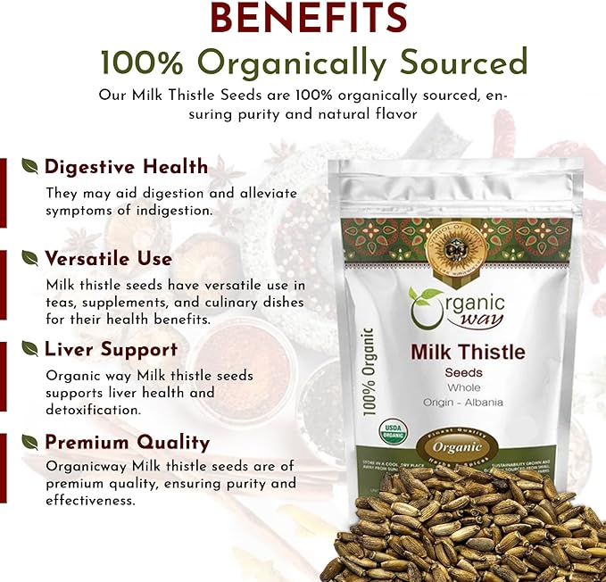 Organic Way Whole Milk Thistle Seeds (Silybum marianum) - European Wild-Harvest, Organic & Kosher Certified, Vegan, Non GMO & Gluten Free, USDA Certified, Origin - Albania (2 Oz)