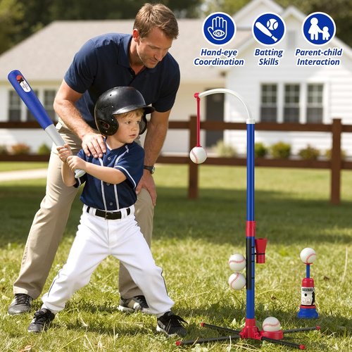 HYES 3-in-1 Baseball Set for Kids 3-5 | Adjustable Tee Ball Stand & Ball Launcher - Blue