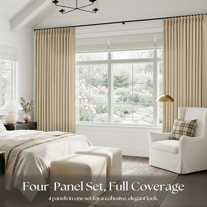 Tan Pinch Pleated Bedroom Curtains 96 Inches Long 4 Panels Set, Memory Trained