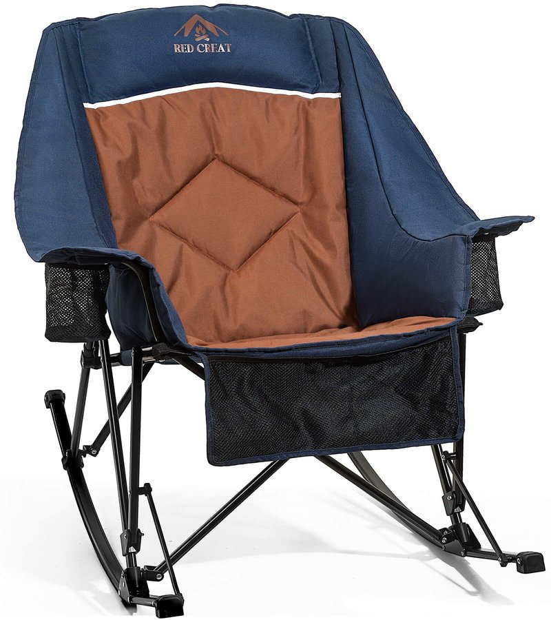 RED CREAT 400lbs Rocking Camping Chair, Oversized Heavy Duty XL Folding Rocker for Adults, Padded High Back Big & Tall Support, with Cup Holders & Carry Bag for RV, Lawn, Patio & Sports