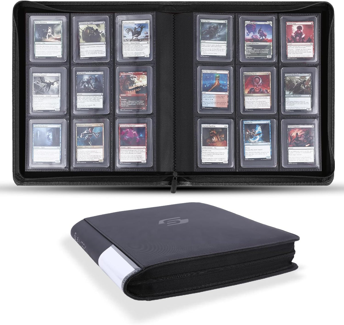 Snekdy Top Loader Binder - 9 Pocket Card Holder with Sleeves for 360 Cards | Black PU Leather