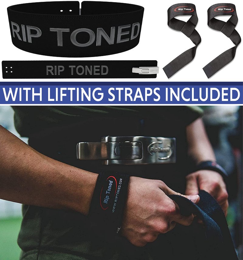 Weight Lifting Belt by Rip Toned - 10mm 4-Inch Leather Lever Belt - Bonus Lifting Straps for Men & Women - Back Support for Weightlifting, Powerlifting, Bodybuilding (Black, Large)