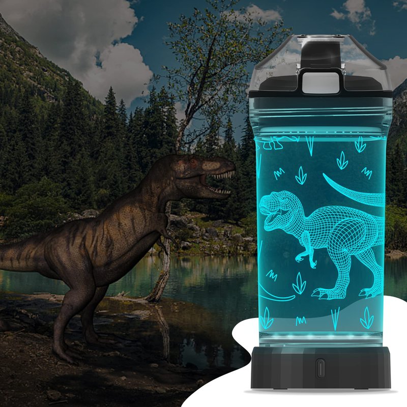 YuanDian Dinosaur Water Bottle, Light Up Boy Drinking Cups with 3D Dinosaur Night Light- 14 OZ Tritan BPA Free Eco-Friendly - Cool Jurassic Merchandise Gift for School Kids Boy Girl