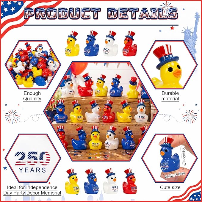 Skylety 100 Pcs Patriotic Mini Ducks 4th of July Independence Day Party Decor